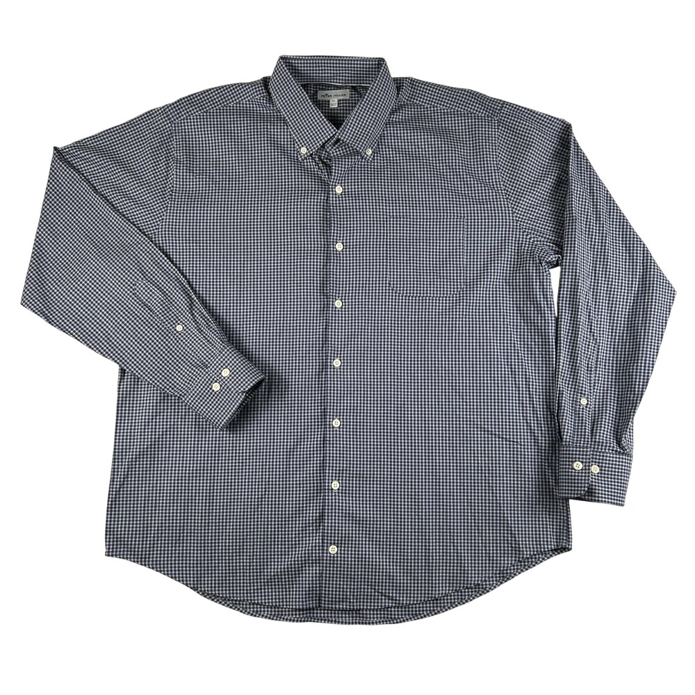 Peter Millar Shirt Mens XL Blue Check Long Sleeve Button Down Stretch Golf Logo